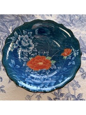 Vintage Japanese Arita Juzan Gama Namsu Porcelain Red White Blue Peony Dish Bowl